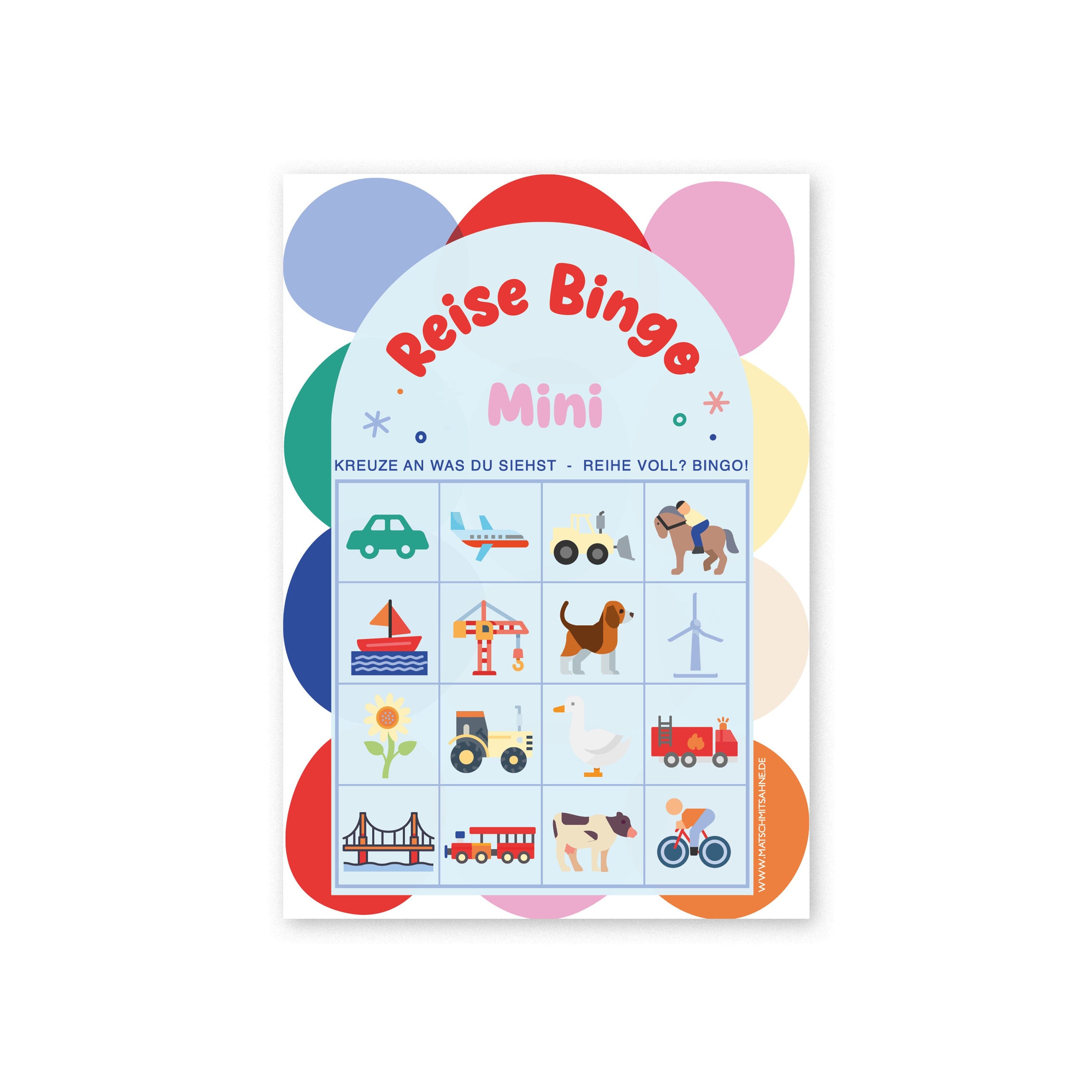 Bingo Set "Reise Bingo Mini" Motive Postkarte Matsch mit Sahne