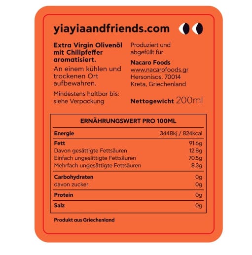 Olivenöl Extra Vergine mit Chilli 200ml Olivenöl yiayia and friends