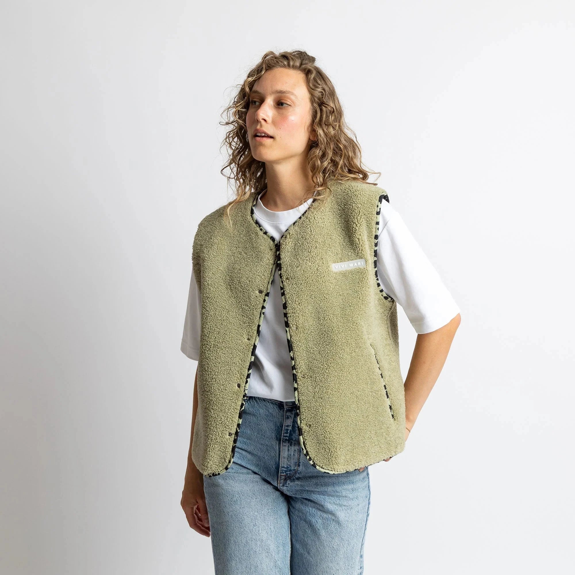 Teddy Fleece Weste Weste Vivi Mari pale olive S/M
