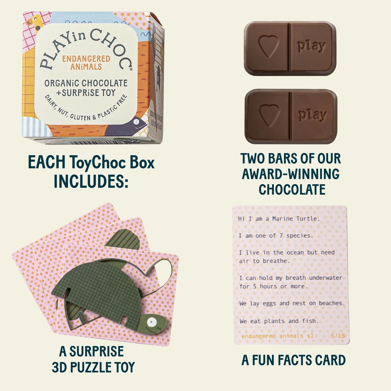 ToyChoc Box "gefährdete Tierarten" Süßigkeit PLAYin CHOC