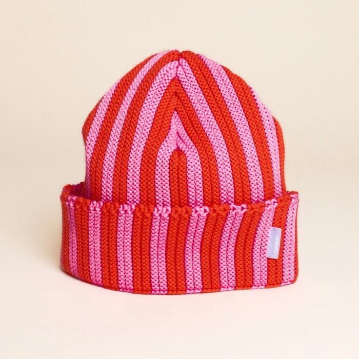 Beanie aus Merinowolle „Stripes" Mütze popeia Pink/Rot 