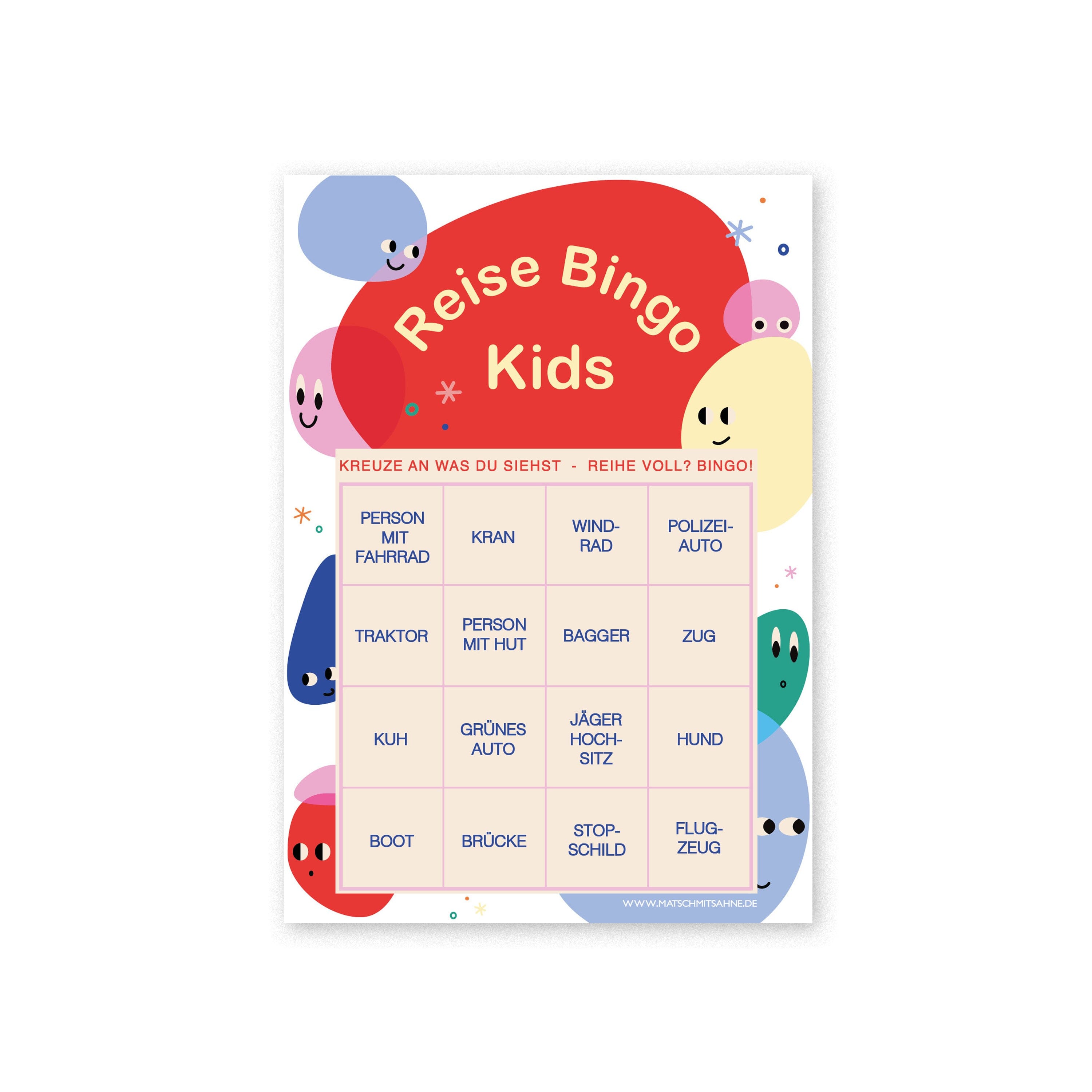 Bingo Set "Reise Bingo Mini" Schrift Postkarte Matsch mit Sahne 