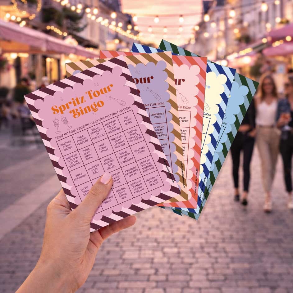 Bingo Set "Spritz Tour" 5 Karten Postkarte Matsch mit Sahne 