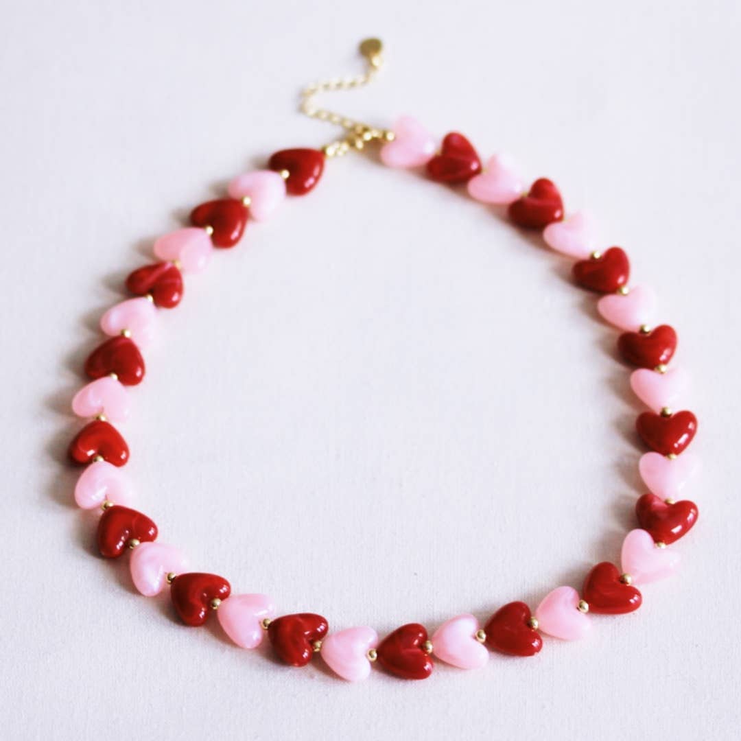 Halskette "Herzperlen" Kette Bazou Rosa/Rot 