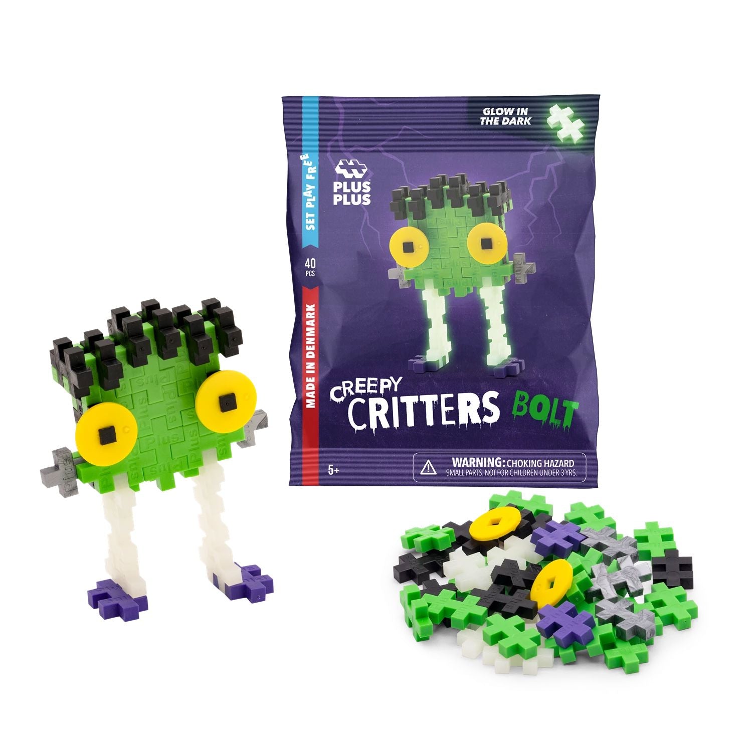 Kreativ Bausteine Monster 40 Glow in the Dark "Creepy Critters" Motorikspielzeug Plus-Plus Grün "Bolt" 