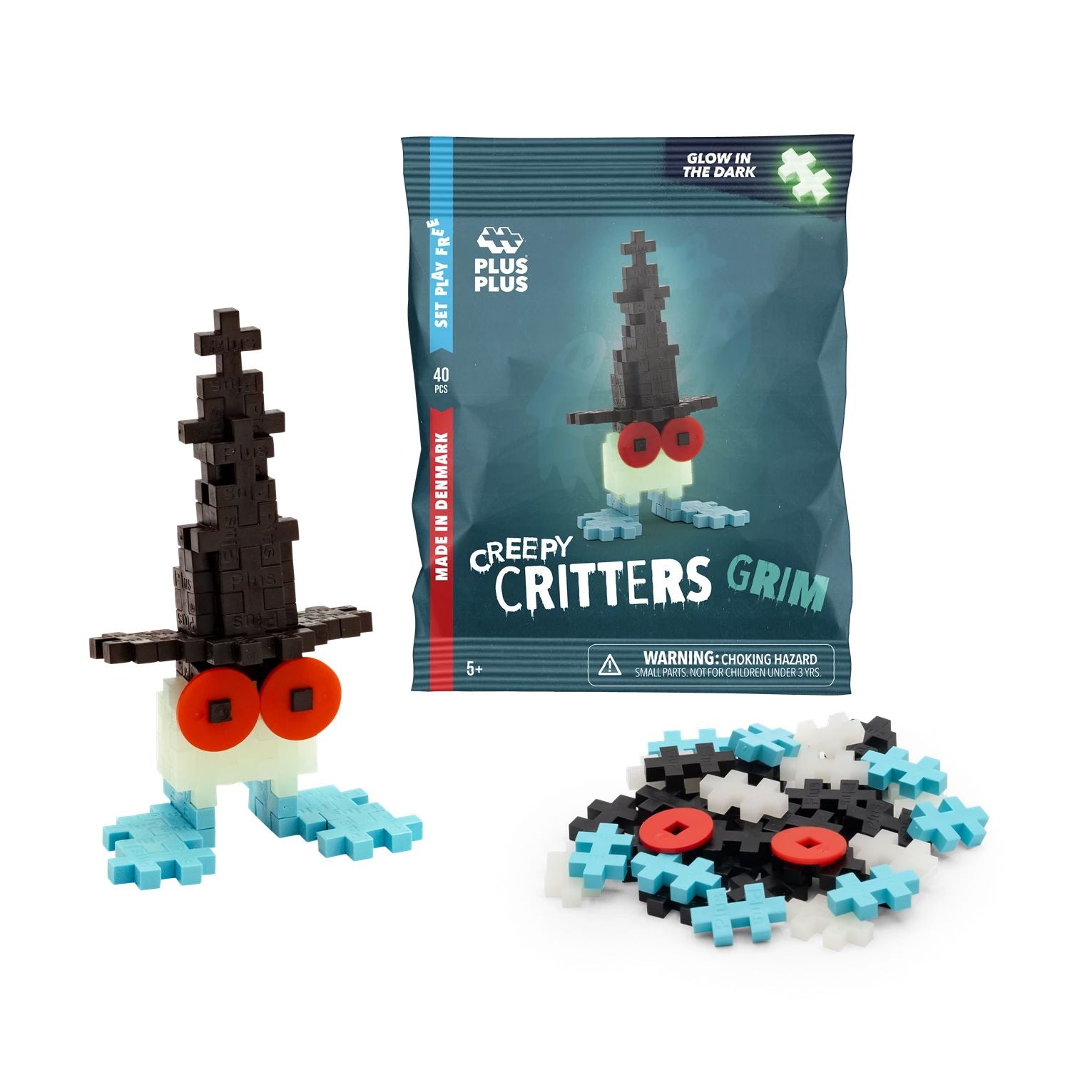 Kreativ Bausteine Monster 40 Glow in the Dark "Creepy Critters" Motorikspielzeug Plus-Plus Hellblau "Grim" 