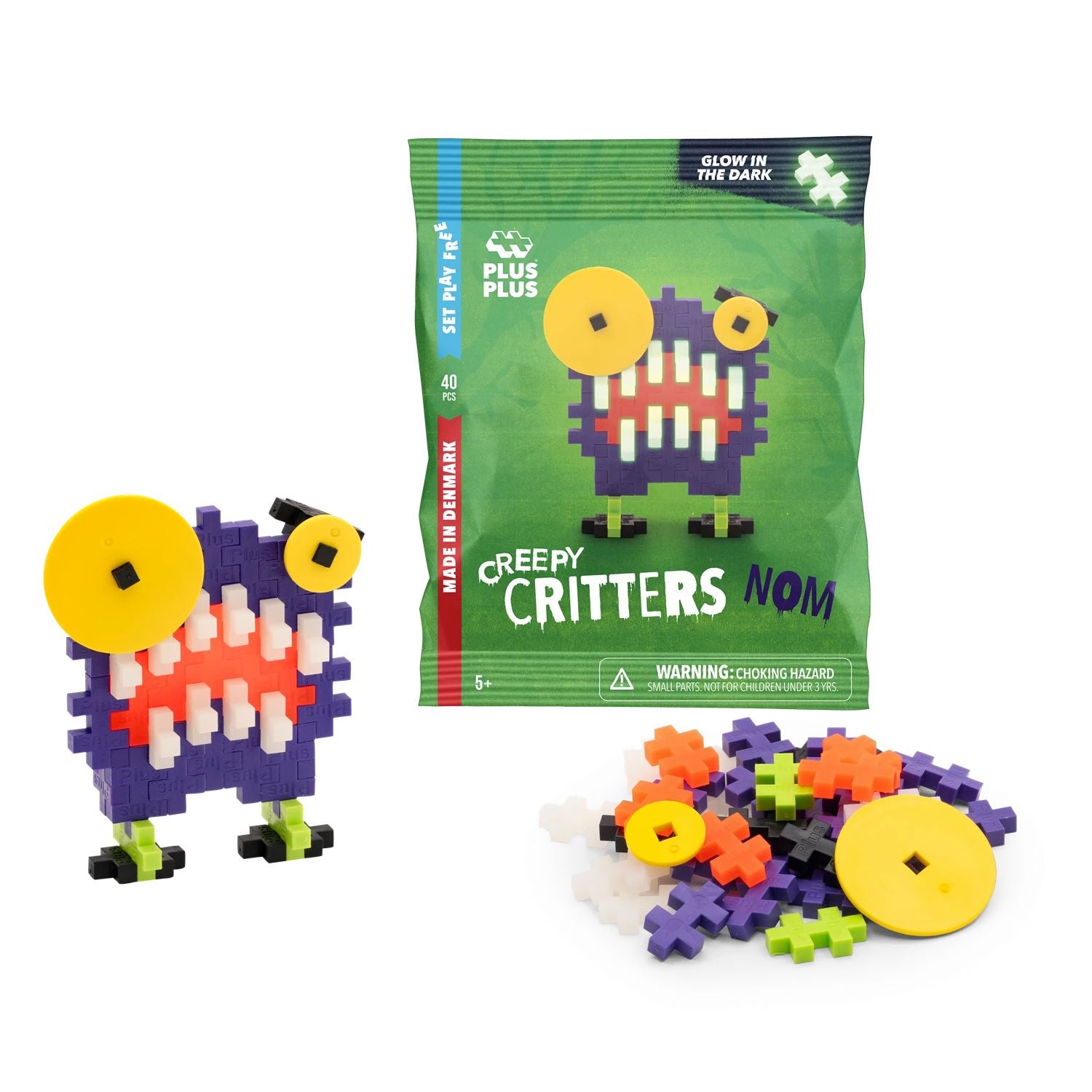 Kreativ Bausteine Monster 40 Glow in the Dark "Creepy Critters" Motorikspielzeug Plus-Plus Lila "Nom" 