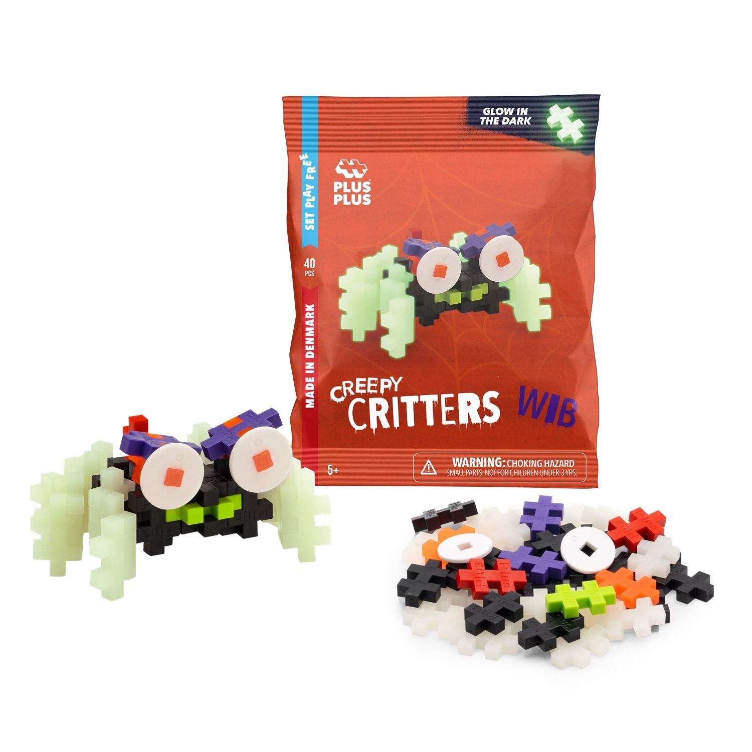 Kreativ Bausteine Monster 40 Glow in the Dark "Creepy Critters" Motorikspielzeug Plus-Plus Schwarz "Wib" 
